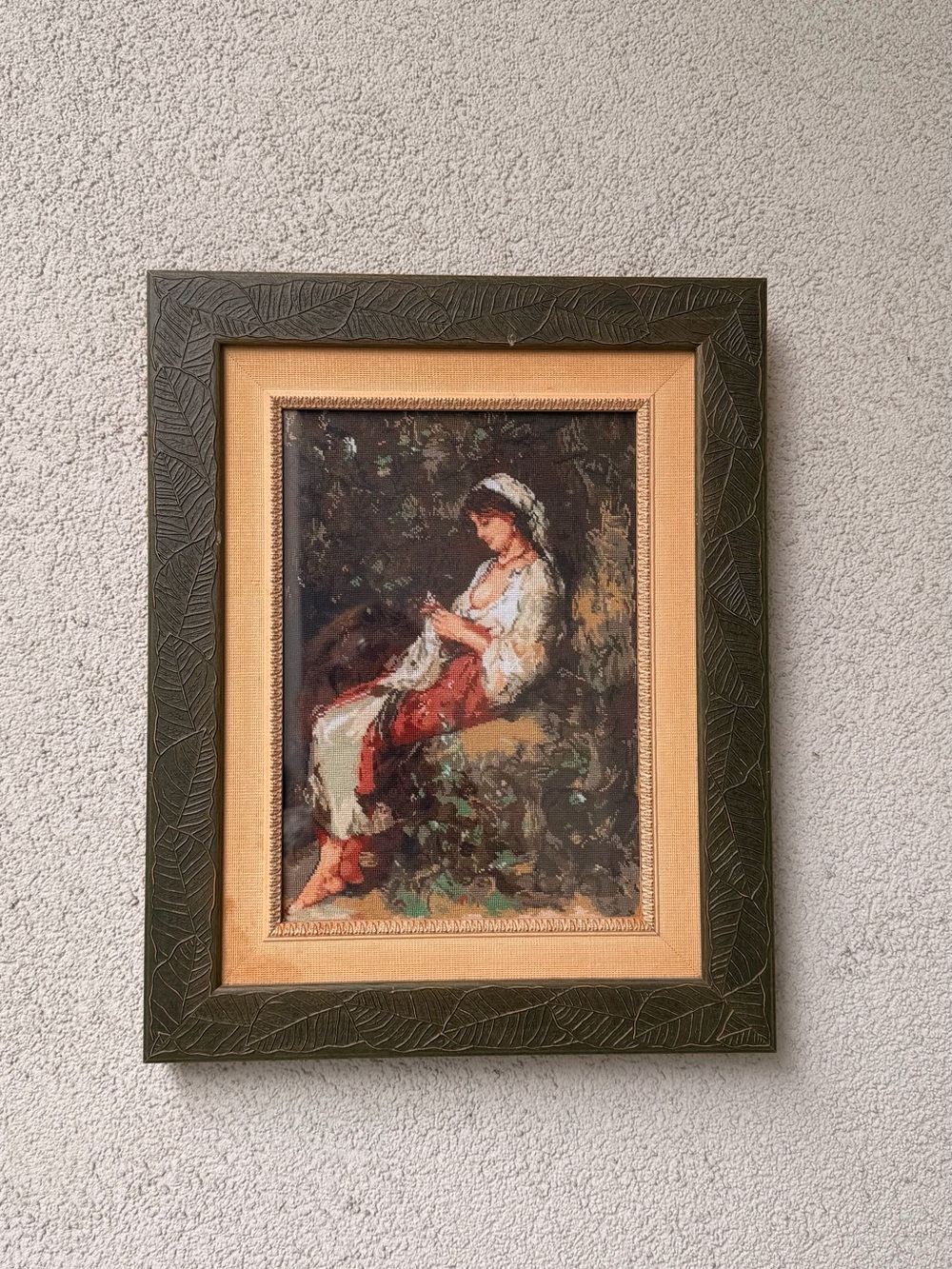 Hand Embroidered Framed Portrait – Vintage Woman Needlepoint, Ornate Carved Wood